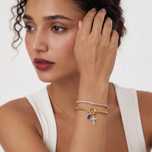 Beaded Birthstone Cross Charm Bracelet