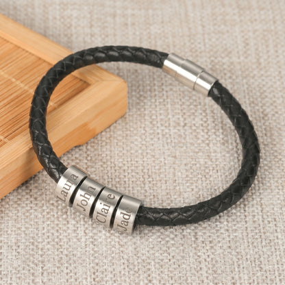 (*Father's Day*) Braided Leather Custom Name Bracelet With Beads For Men