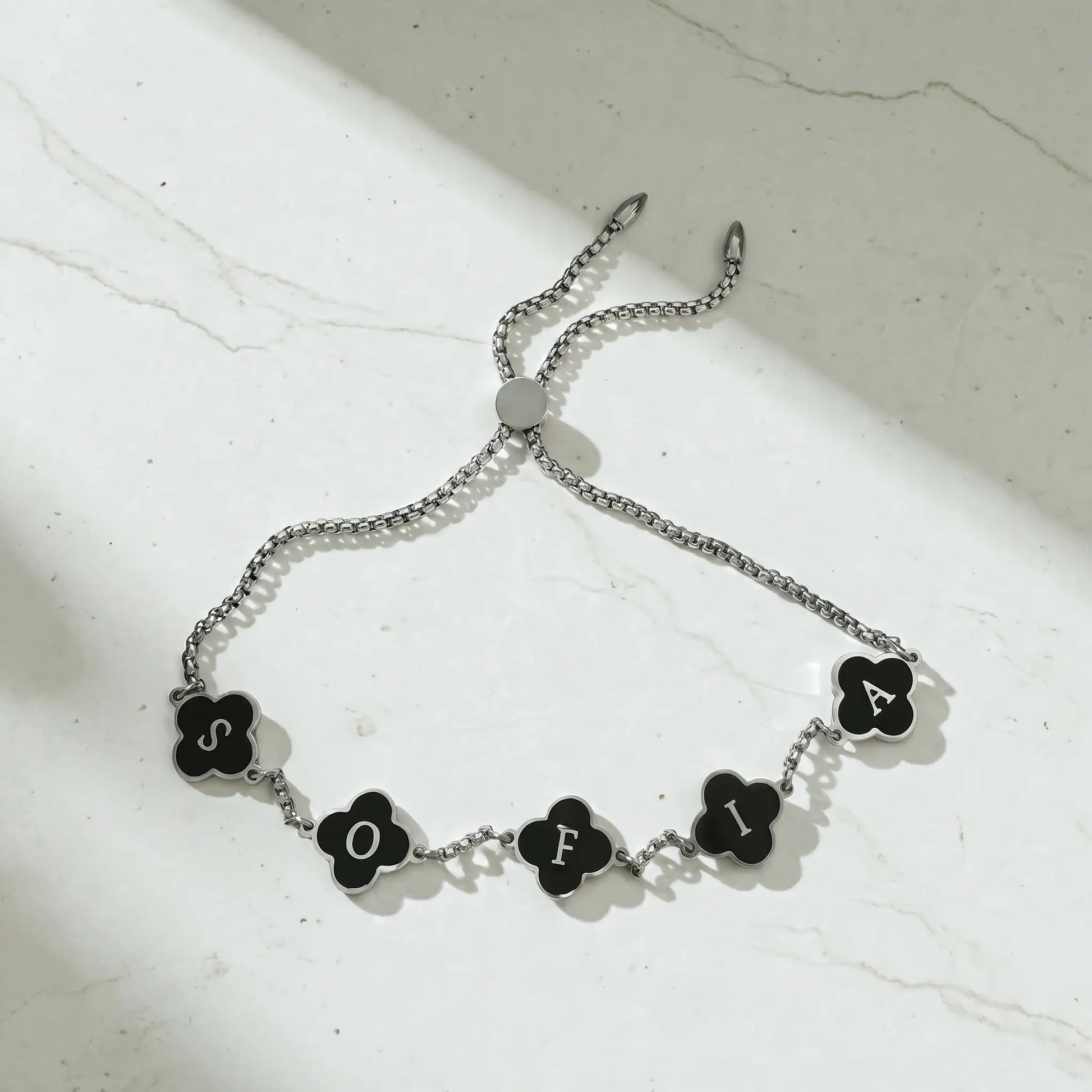 (*Spring Sale*) Onyx Black Clover Custom Name Bracelet 