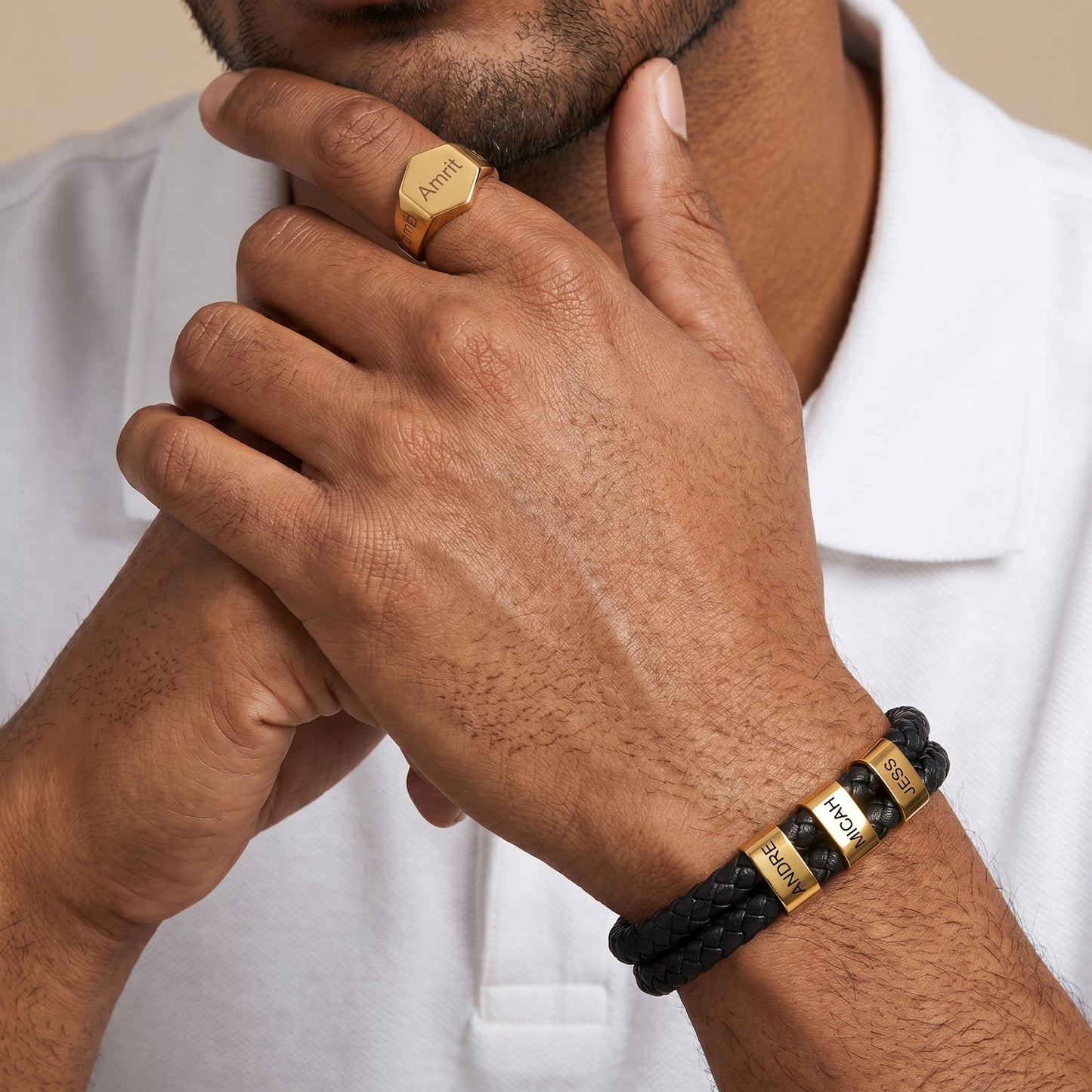 Double Braided Leather Bangle With Square Charm For Men