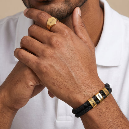 Double Braided Leather Bangle With Square Charm For Men