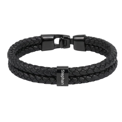 Double Braided Leather Bangle With Square Charm For Men