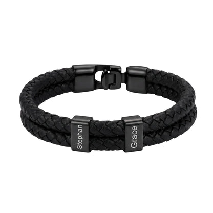 Double Braided Leather Bangle With Square Charm For Men