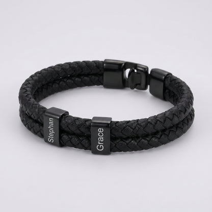 Double Braided Leather Bangle With Square Charm For Men