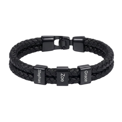 Double Braided Leather Bangle With Square Charm For Men