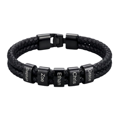 Double Braided Leather Bangle With Square Charm For Men