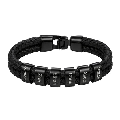 Double Braided Leather Bangle With Square Charm For Men