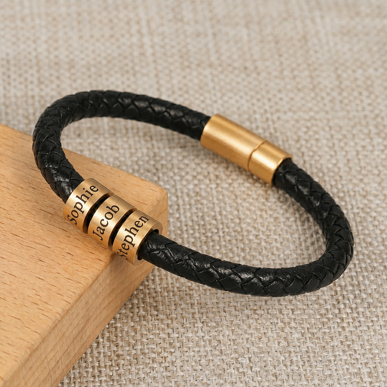 (*Father's Day*) Braided Leather Custom Name Bracelet With Beads For Men