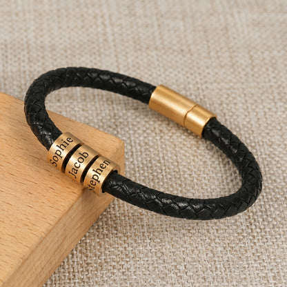 (*Father's Day*) Braided Leather Custom Name Bracelet With Beads For Men