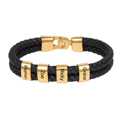 Double Braided Leather Bangle With Square Charm For Men