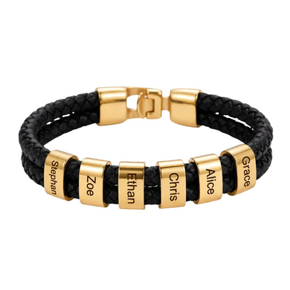 Double Braided Leather Bangle With Square Charm For Men