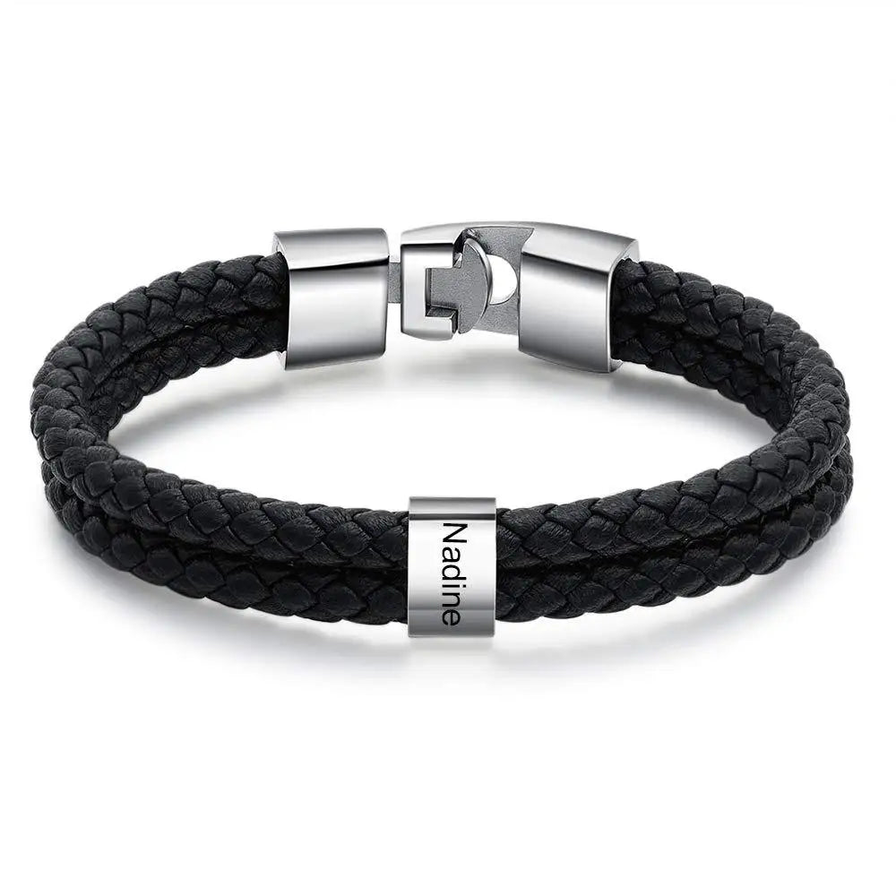 Double Braided Leather Bangle With Square Charm For Men