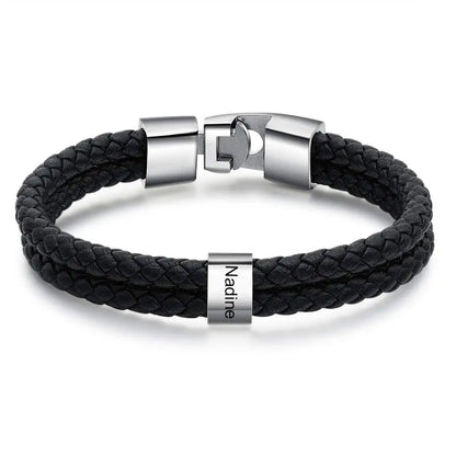 Double Braided Leather Bangle With Square Charm For Men