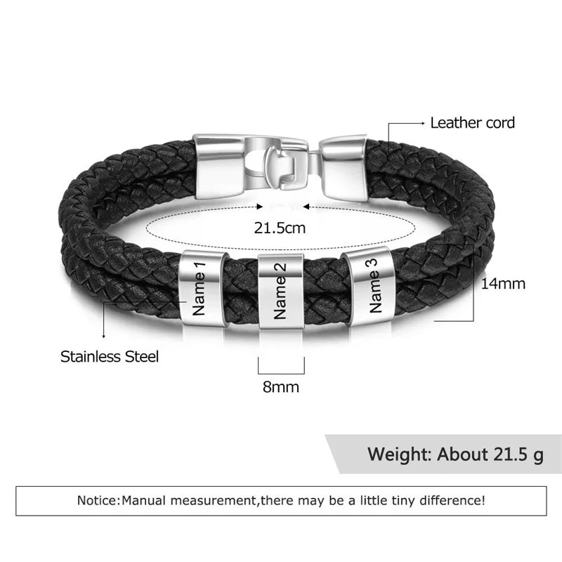 Double Braided Leather Bangle With Square Charm For Men