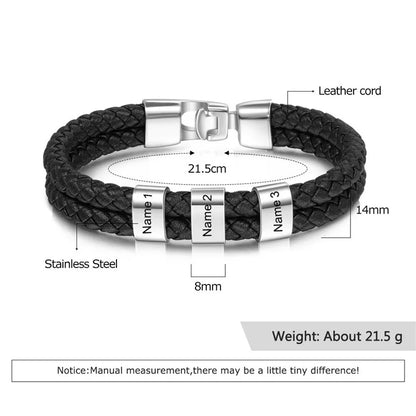 Double Braided Leather Bangle With Square Charm For Men