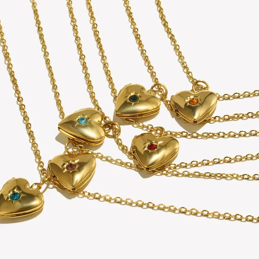 E.B.belle Birth Stone Heart Shape Photo Box Pendant Necklace 316L Stainless Steel Women Jewelry Anniversary Gift Hypoallergenic 