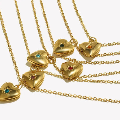E.B.belle Birth Stone Heart Shape Photo Box Pendant Necklace 316L Stainless Steel Women Jewelry Anniversary Gift Hypoallergenic 