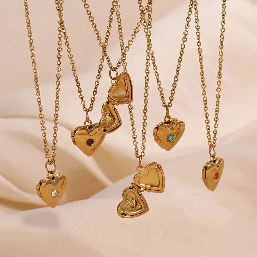 E.B.belle Birth Stone Heart Shape Photo Box Pendant Necklace 316L Stainless Steel Women Jewelry Anniversary Gift Hypoallergenic 