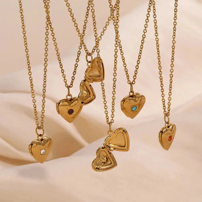 E.B.belle Birth Stone Heart Shape Photo Box Pendant Necklace 316L Stainless Steel Women Jewelry Anniversary Gift Hypoallergenic 