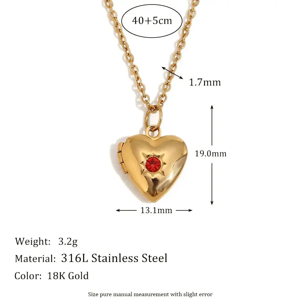 E.B.belle Birth Stone Heart Shape Photo Box Pendant Necklace 316L Stainless Steel Women Jewelry Anniversary Gift Hypoallergenic 