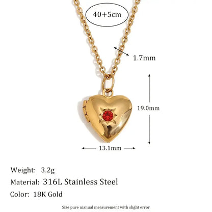 E.B.belle Birth Stone Heart Shape Photo Box Pendant Necklace 316L Stainless Steel Women Jewelry Anniversary Gift Hypoallergenic 