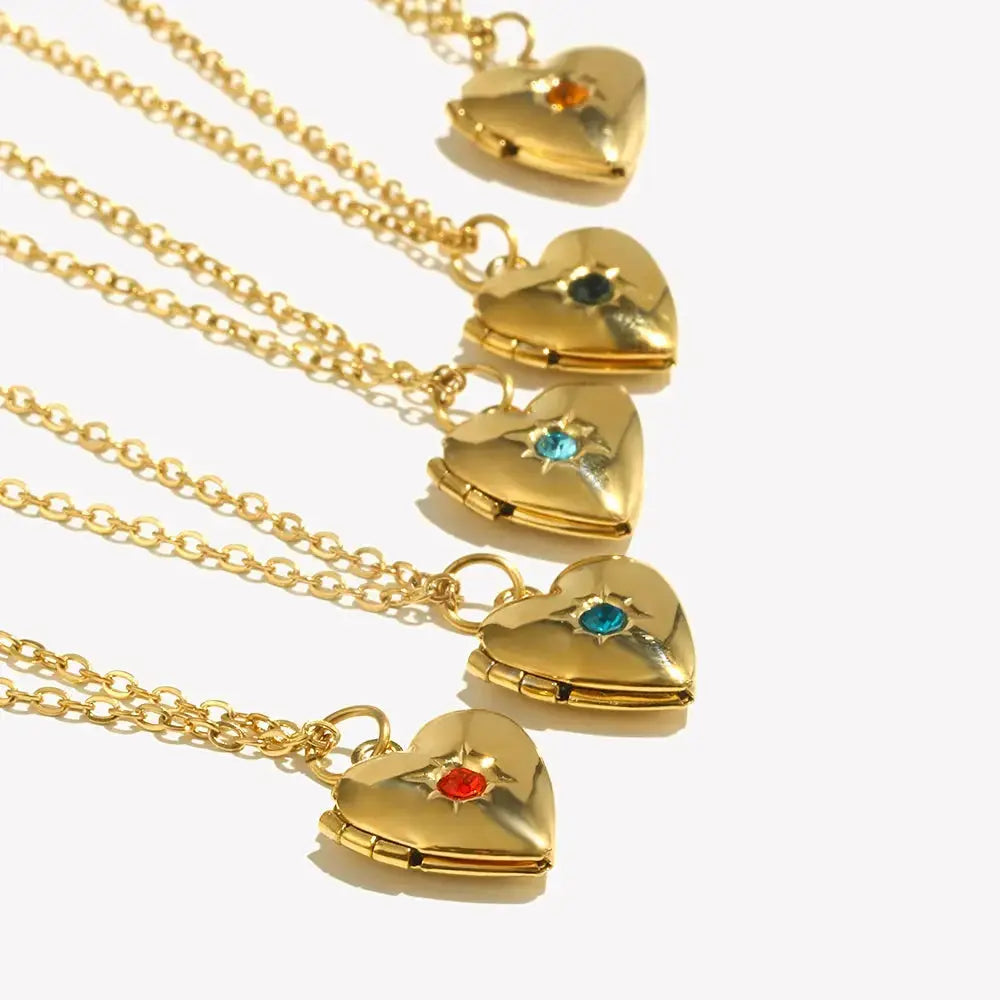 E.B.belle Birth Stone Heart Shape Photo Box Pendant Necklace 316L Stainless Steel Women Jewelry Anniversary Gift Hypoallergenic 