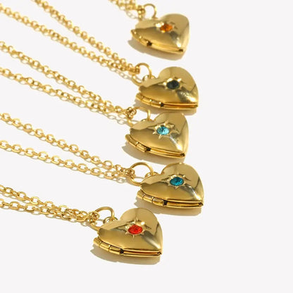 E.B.belle Birth Stone Heart Shape Photo Box Pendant Necklace 316L Stainless Steel Women Jewelry Anniversary Gift Hypoallergenic 