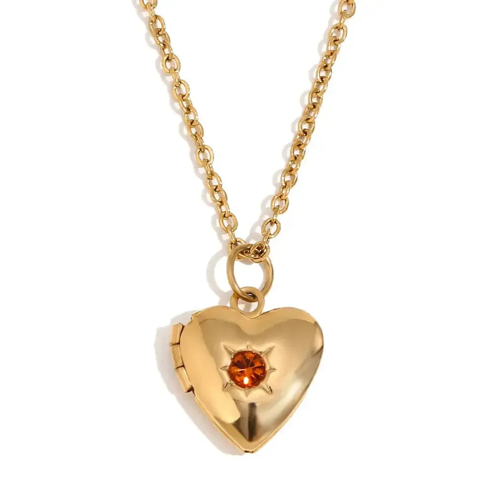 E.B.belle Birth Stone Heart Shape Photo Box Pendant Necklace 316L Stainless Steel Women Jewelry Anniversary Gift Hypoallergenic 