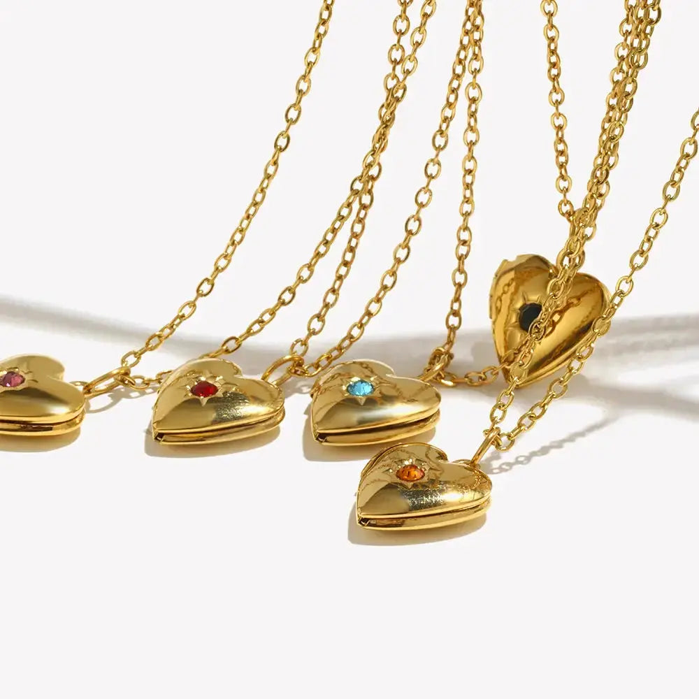 E.B.belle Birth Stone Heart Shape Photo Box Pendant Necklace 316L Stainless Steel Women Jewelry Anniversary Gift Hypoallergenic 