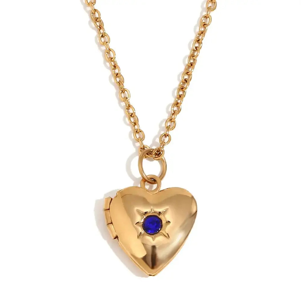 E.B.belle Birth Stone Heart Shape Photo Box Pendant Necklace 316L Stainless Steel Women Jewelry Anniversary Gift Hypoallergenic 