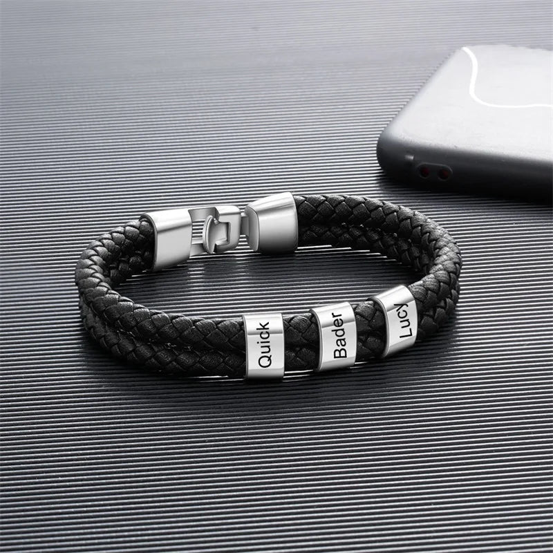 Double Braided Leather Bangle With Square Charm For Men