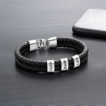 Double Braided Leather Bangle With Square Charm For Men