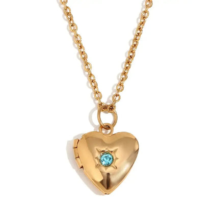 E.B.belle Birth Stone Heart Shape Photo Box Pendant Necklace 316L Stainless Steel Women Jewelry Anniversary Gift Hypoallergenic 