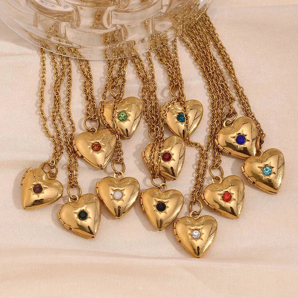 E.B.belle Birth Stone Heart Shape Photo Box Pendant Necklace 316L Stainless Steel Women Jewelry Anniversary Gift Hypoallergenic 