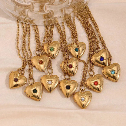 E.B.belle Birth Stone Heart Shape Photo Box Pendant Necklace 316L Stainless Steel Women Jewelry Anniversary Gift Hypoallergenic 