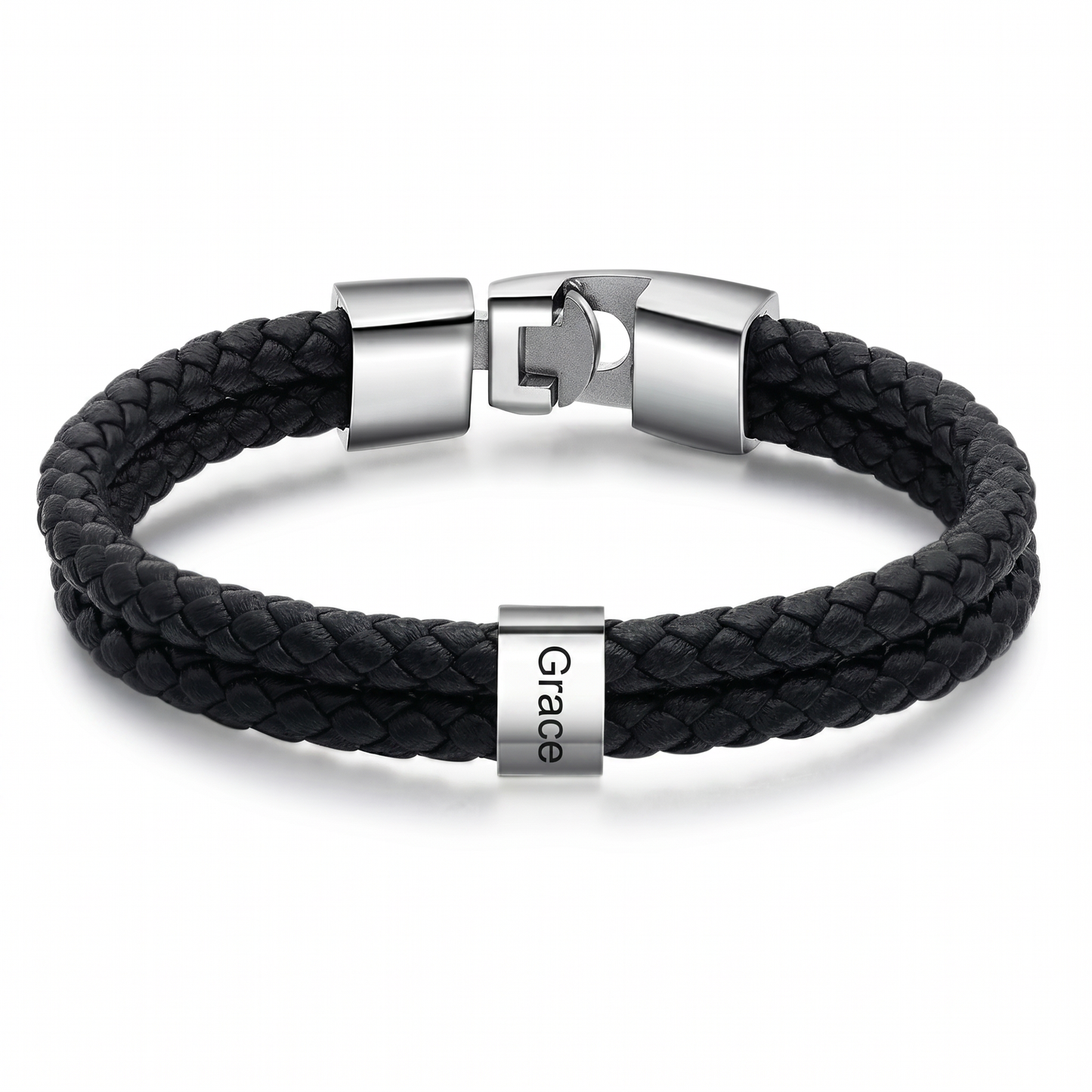 Double Braided Leather Bangle With Square Charm For Men