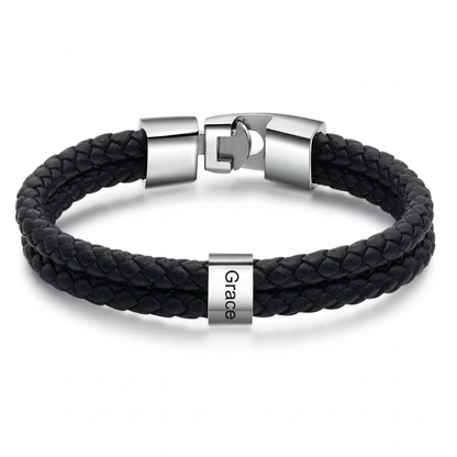 Double Braided Leather Bangle With Square Charm For Men