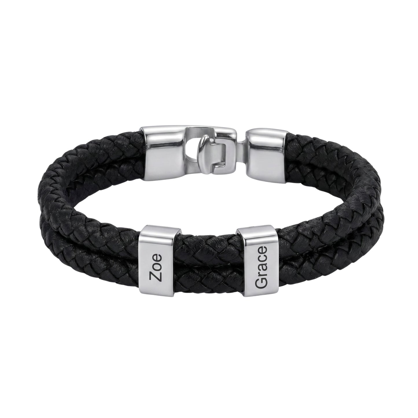 Double Braided Leather Bangle With Square Charm For Men