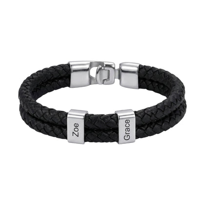 Double Braided Leather Bangle With Square Charm For Men