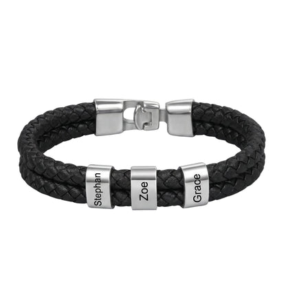 Double Braided Leather Bangle With Square Charm For Men