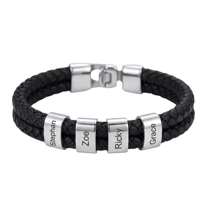 Double Braided Leather Bangle With Square Charm For Men