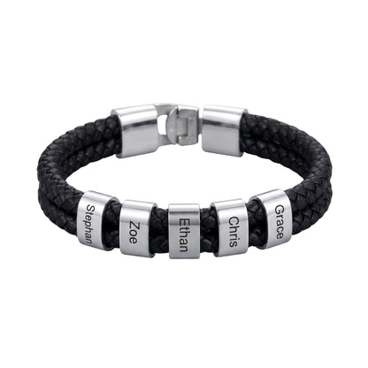 Double Braided Leather Bangle With Square Charm For Men