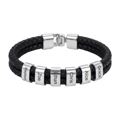 Double Braided Leather Bangle With Square Charm For Men