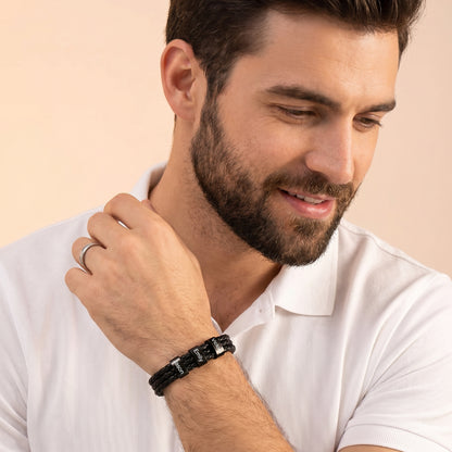 Double Braided Leather Bangle With Square Charm For Men