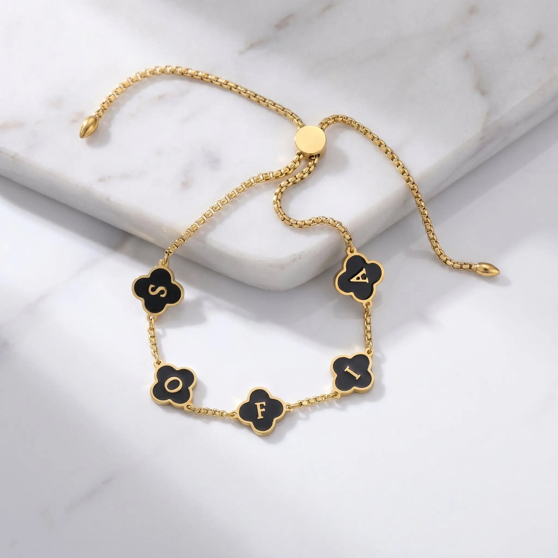 (*Spring Sale*) Onyx Black Clover Custom Name Bracelet 