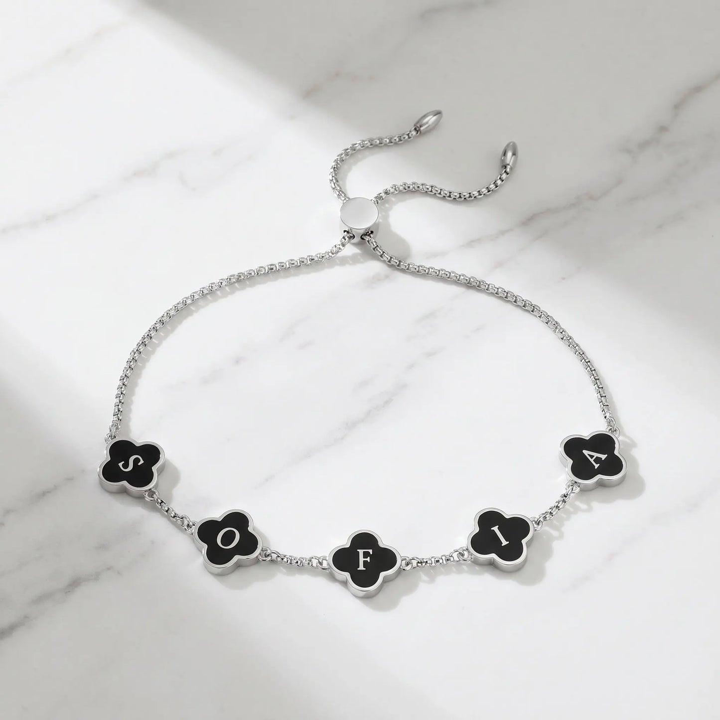 (*Spring Sale*) Onyx Black Clover Custom Name Bracelet 