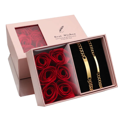 (*Summer Sale*) Engraved Couples Bracelet set W/ Eternal rose Gift Box