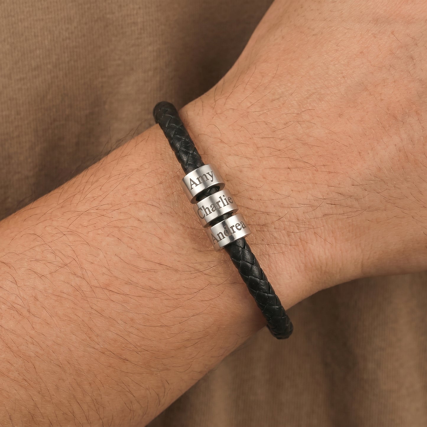 (*Father's Day*) Braided Leather Custom Name Bracelet With Beads For Men