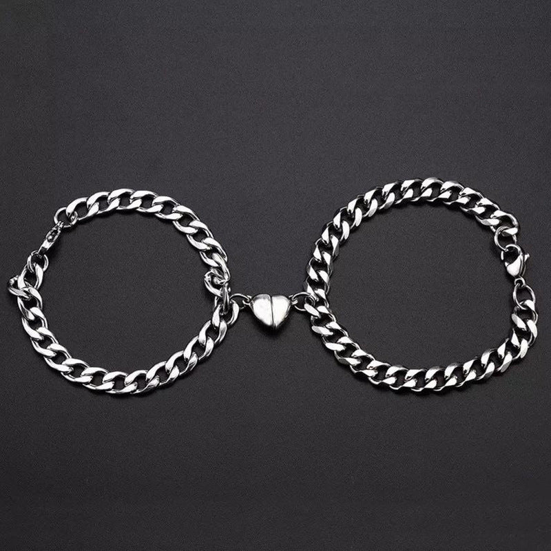 PandaWhole 2pcs 2 Color Magnet Alloy Matching Heart Charm Bracelets Set, Word Heart Break Couple Bracelets for Best Friends Lovers AlloySize